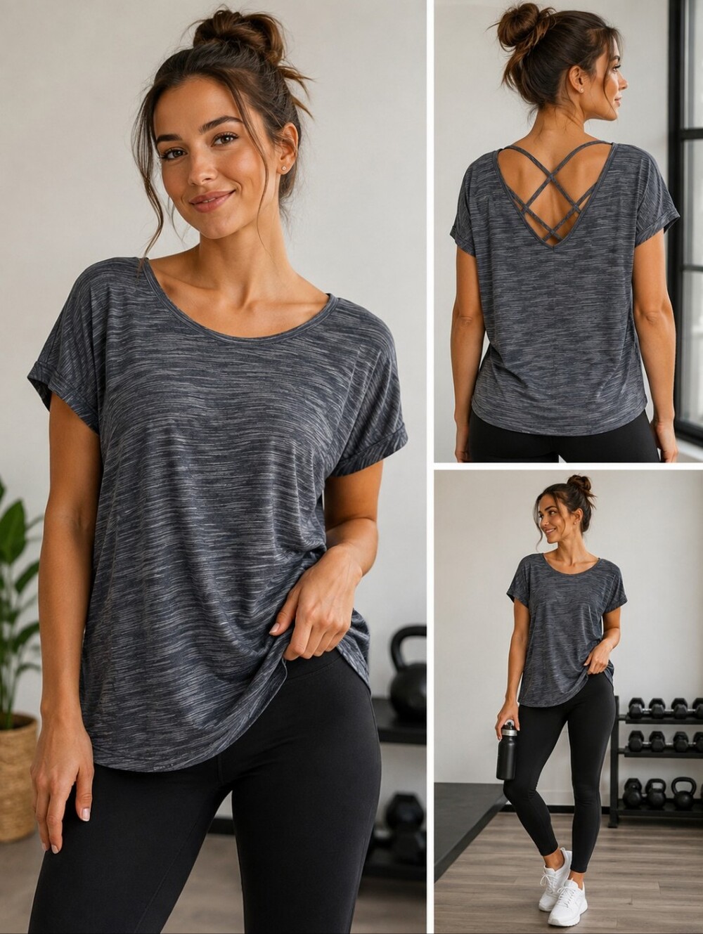 Tek Gear DryTek Women’s Large Gray Strappy Back Short Sleeve Athletic Top